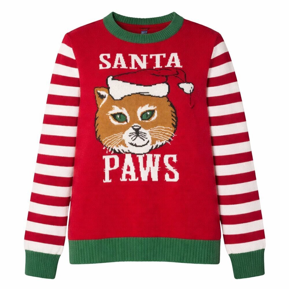 UGLY CHRISTMAS SWEATER Long Sleeve Scoop Neck “SANTA PAWS” Xmas Sweater Size L